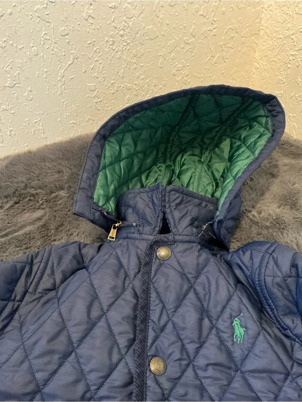 Ralph Lauren Navy Quilted Hooded Puffer with Green Lining